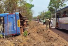 ट्रकला साईड देताना एसटीच्या अहेरी आगाराची बस रस्त्यालगत उलटली